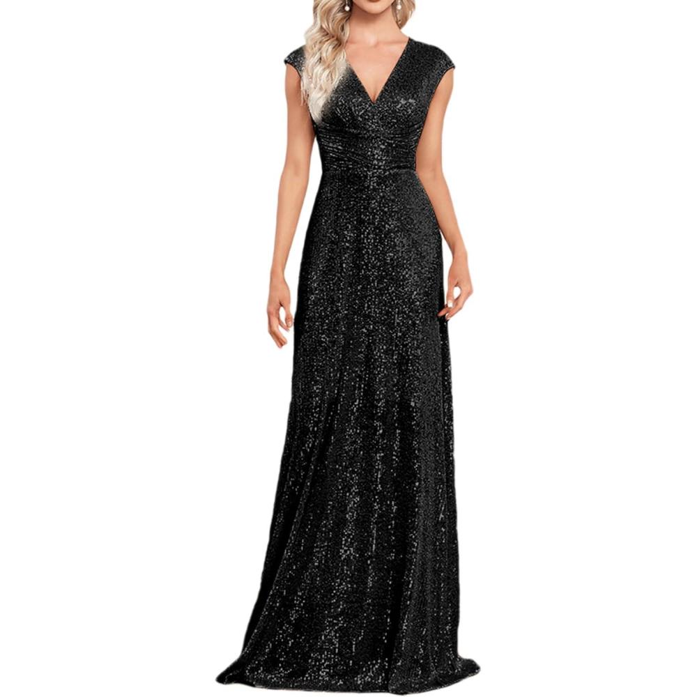 imageWomen Sleeveless 1920s Formal Dress Tassel Sleeve with Bead Sparkly Gatsby Sequin Dress V Neck Maxi DressCblack
