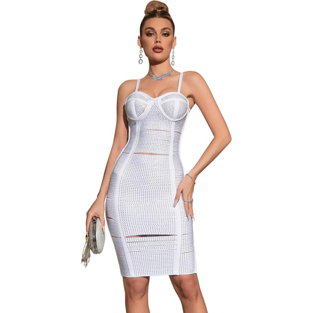 imageWomen White Bodycon Dress with Rhinestones Spaghetti Strap Midi Bandage Cocktail Evening GownsAwhite