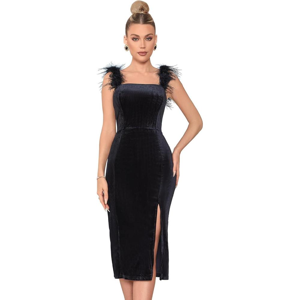 imageWomens Feather Shoulder Strap Velvet Midi Dress Black Split Bodycon Cocktail Wedding Party DressS