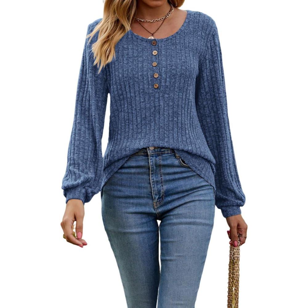 imageWomens Knit LongSleeve Fashion Crew Neck ButtonUp WaistDefining Casual Top for FallWinterBlue