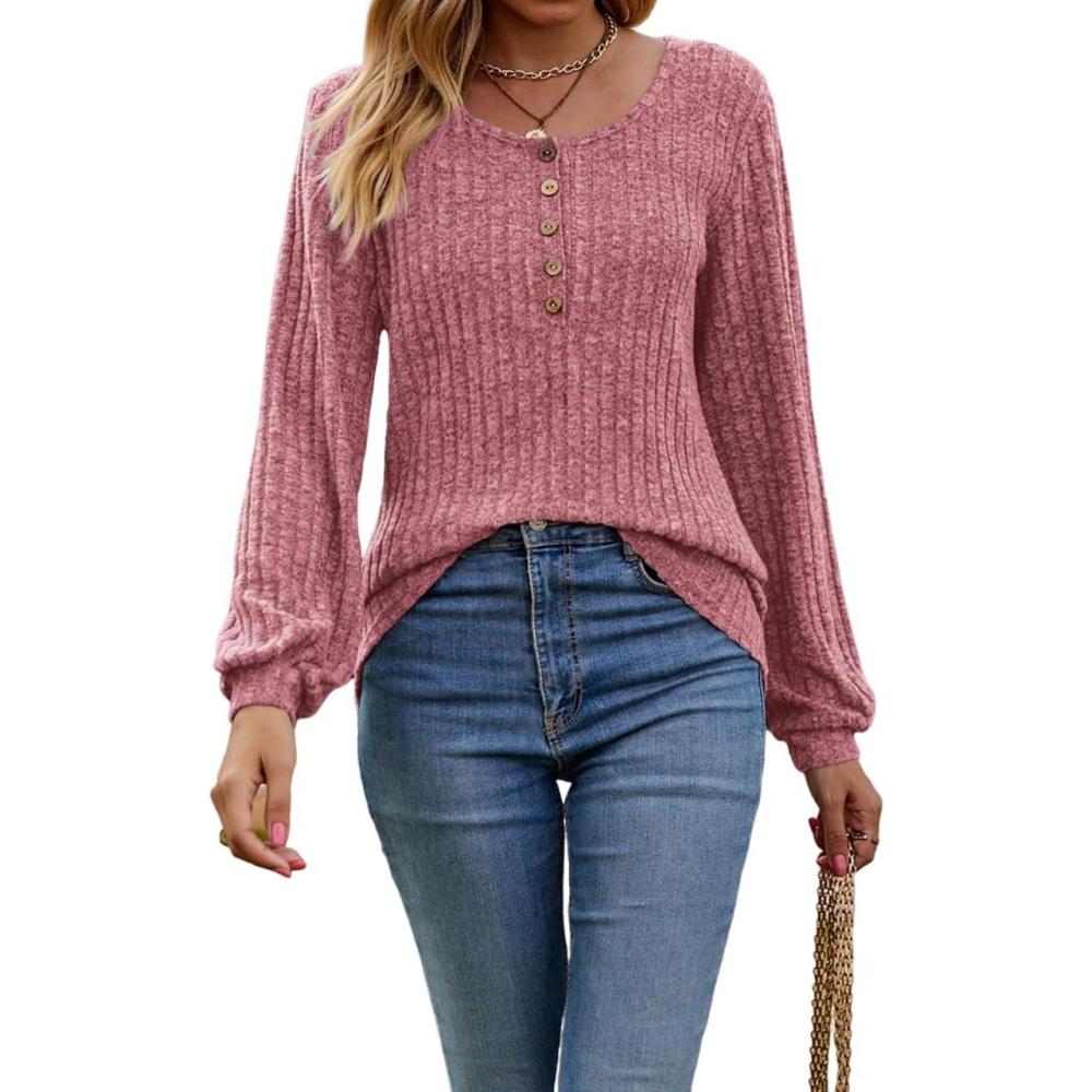 imageWomens Knit LongSleeve Fashion Crew Neck ButtonUp WaistDefining Casual Top for FallWinterRed