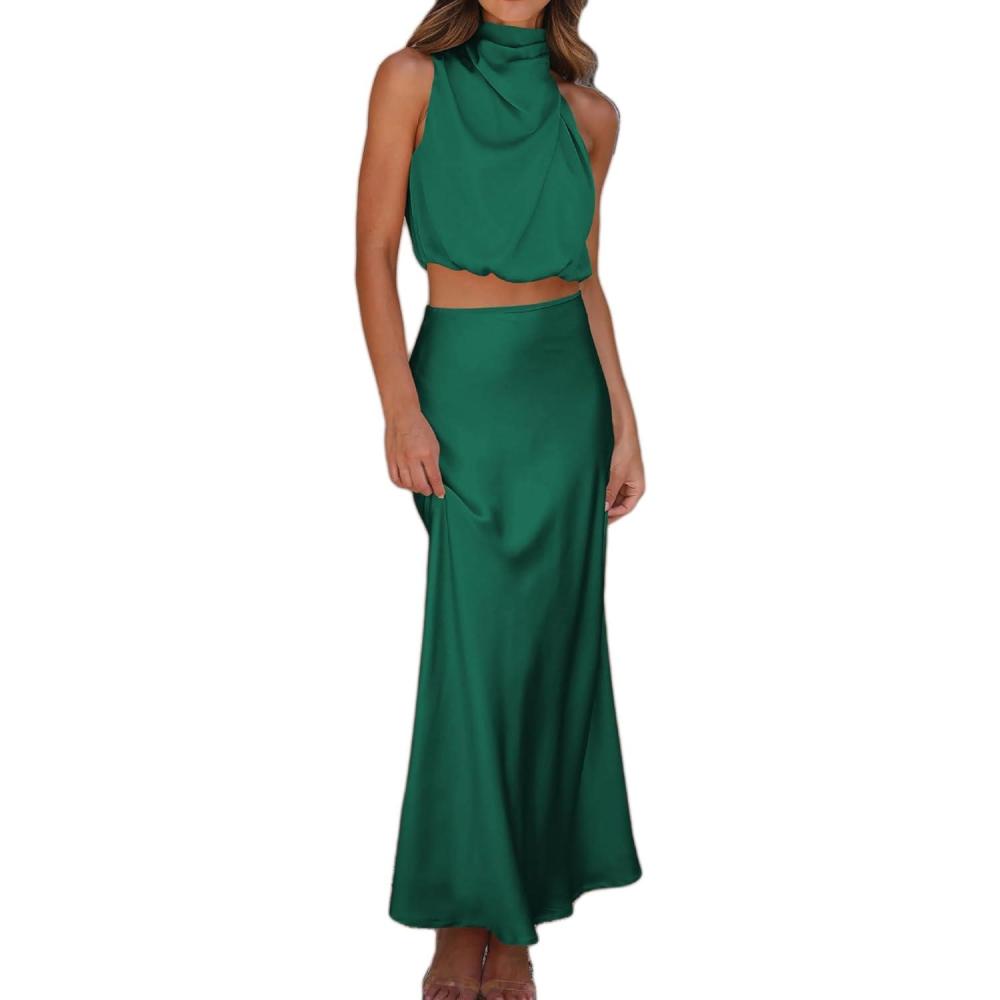 imageWomens Satin 2pcs Sets Clubwear Evening Party Dress Summer Sleeveless Halter Crop Tops and Long DressAgreen