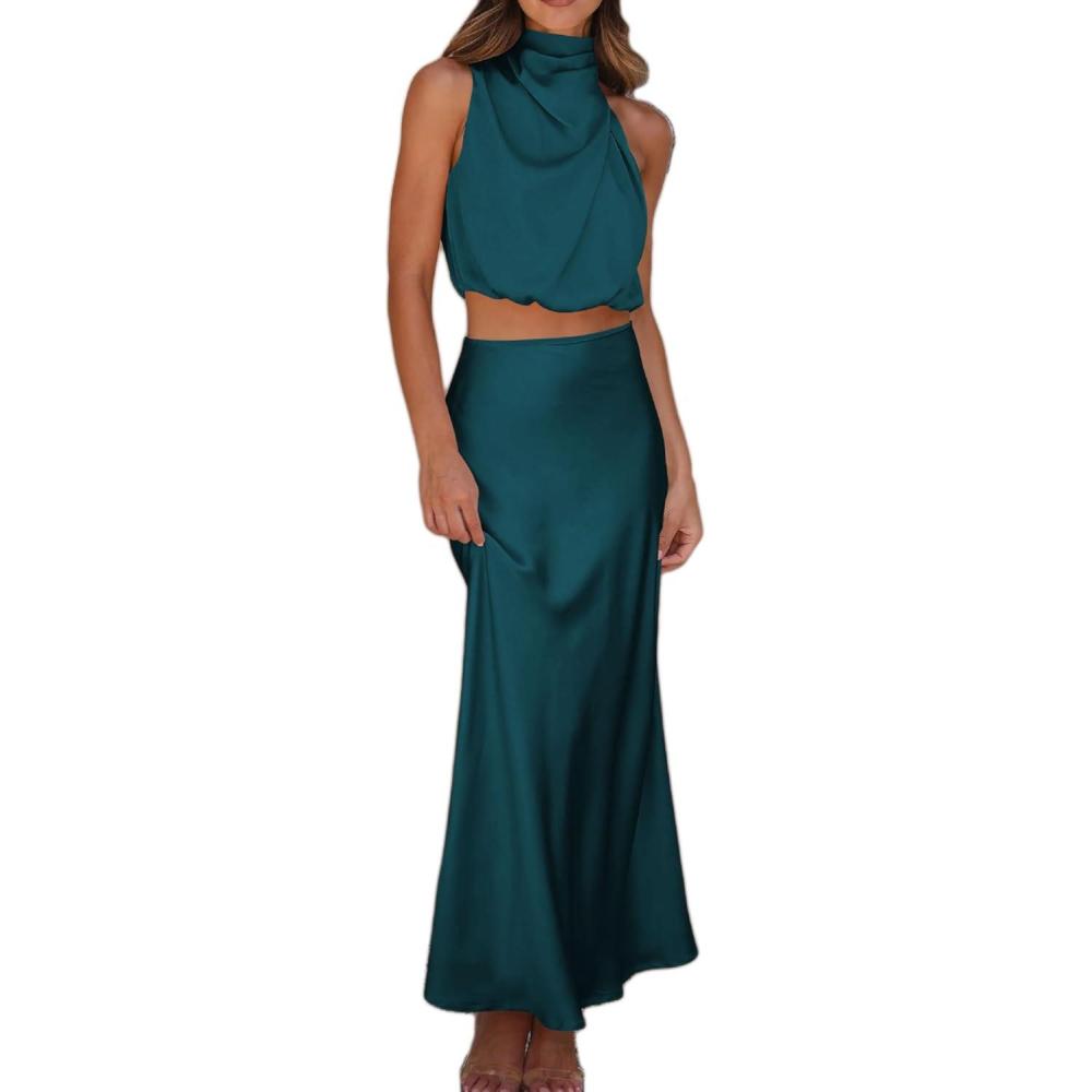 imageWomens Satin 2pcs Sets Clubwear Evening Party Dress Summer Sleeveless Halter Crop Tops and Long DressAlakeblue