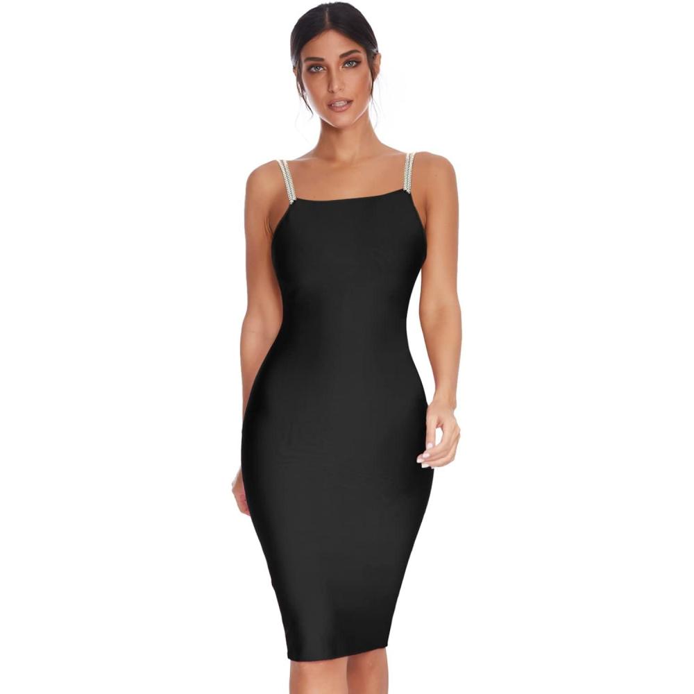 imageWomens Sexy Bodycon Spaghetti Strap Midi Club Party DressesBlack