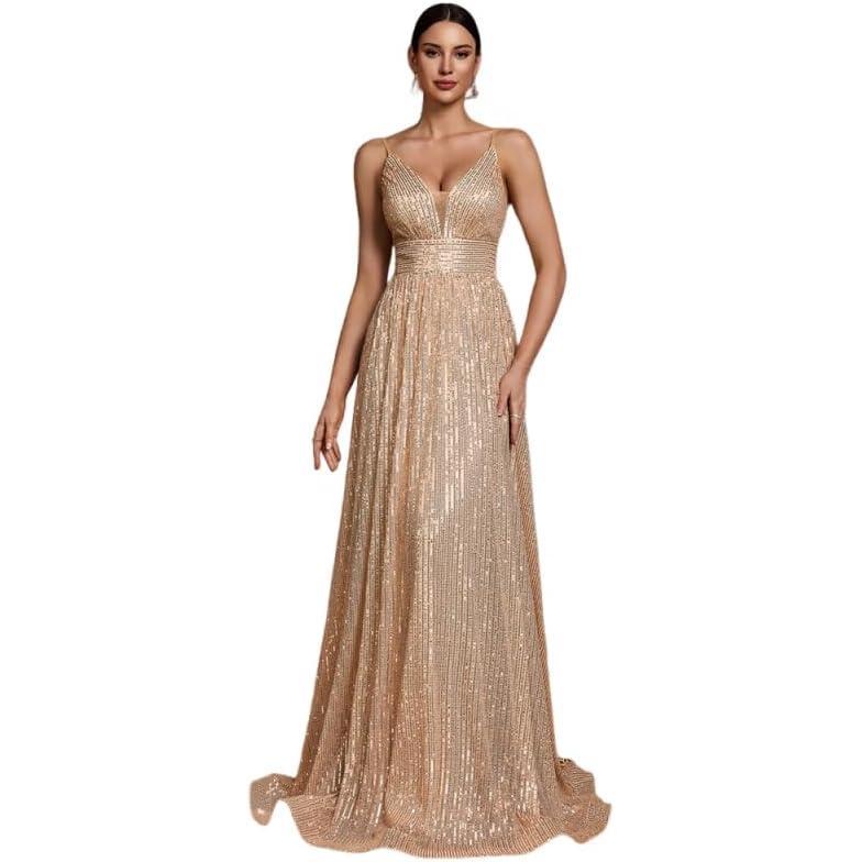 imagemeilun Backless Sequinned Maxi Dress Fishtail Bridesmaid Evening GownBeige