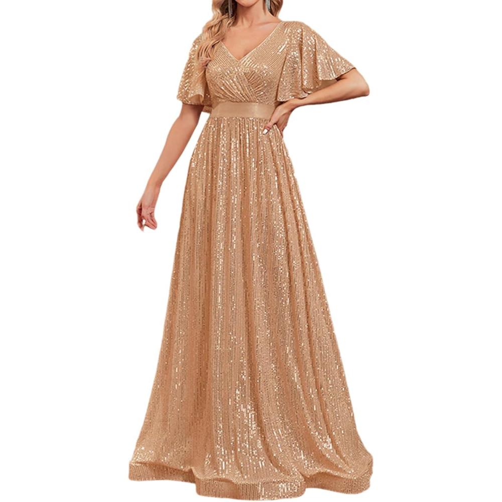 imagemeilun Cap Sleeve Double VNeck Sequin Maxi Dress Formal Dress Prom Evening GownsAchampagne