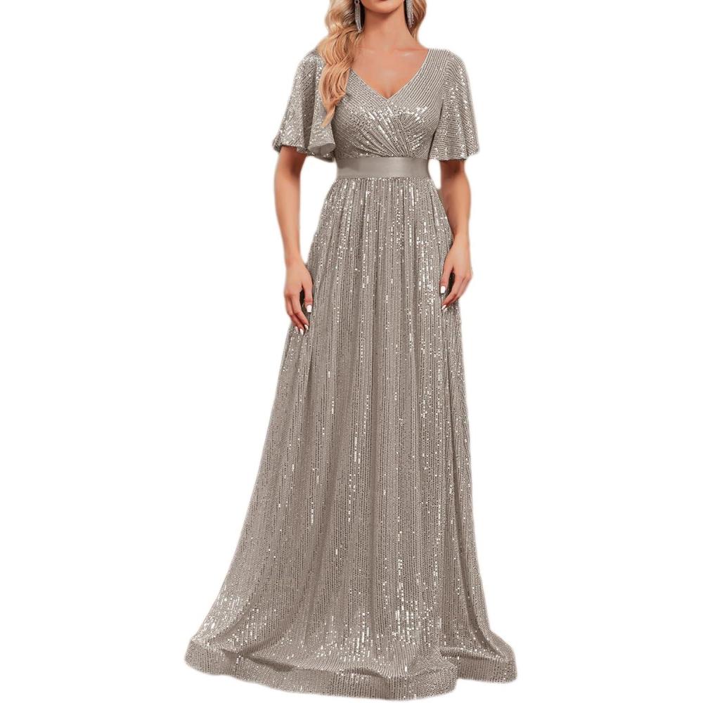 imagemeilun Cap Sleeve Double VNeck Sequin Maxi Dress Formal Dress Prom Evening GownsAgrey