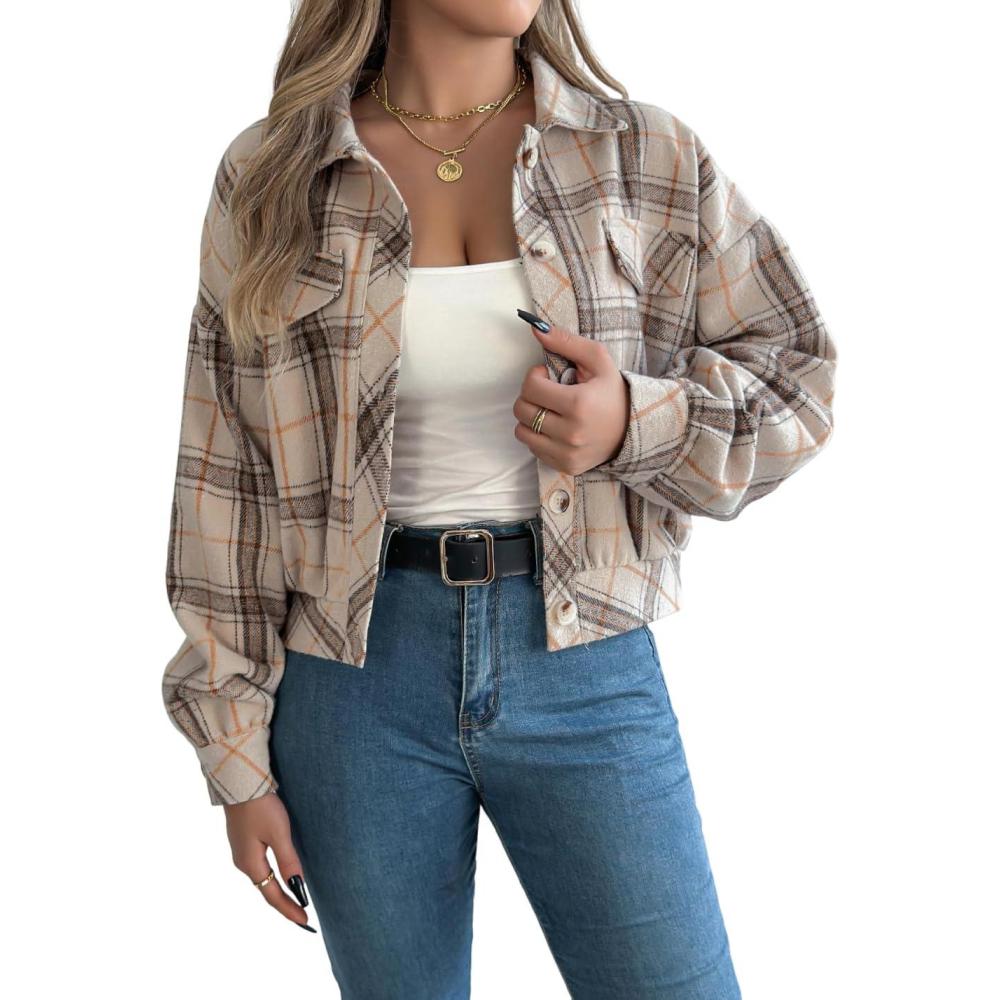 imagemeilun Checkered Faux Pocket LongSleeve Wool Blend Jacket Short Coat for FallWinterBeige