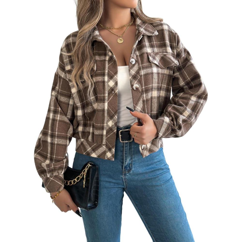 imagemeilun Checkered Faux Pocket LongSleeve Wool Blend Jacket Short Coat for FallWinterCoffee