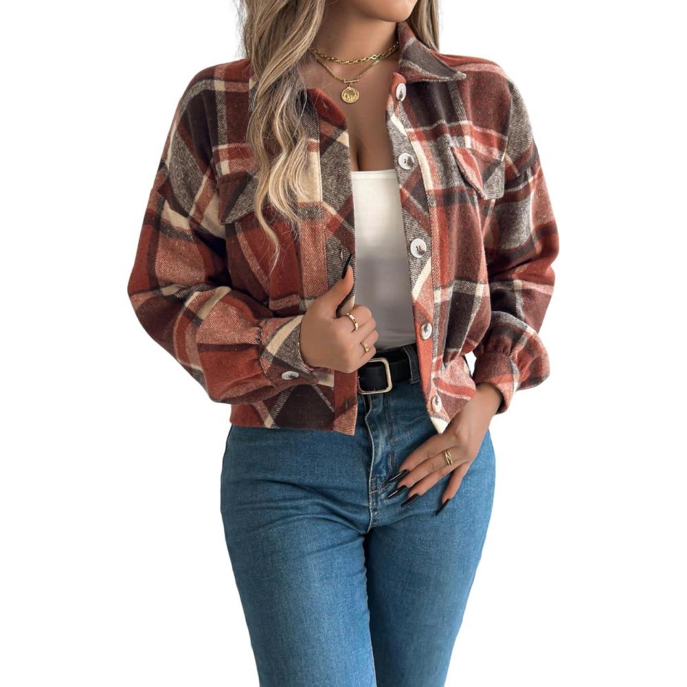 imagemeilun Checkered Faux Pocket LongSleeve Wool Blend Jacket Short Coat for FallWinterOrange