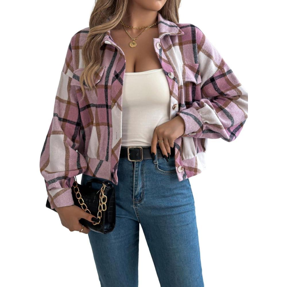 imagemeilun Checkered Faux Pocket LongSleeve Wool Blend Jacket Short Coat for FallWinterPink