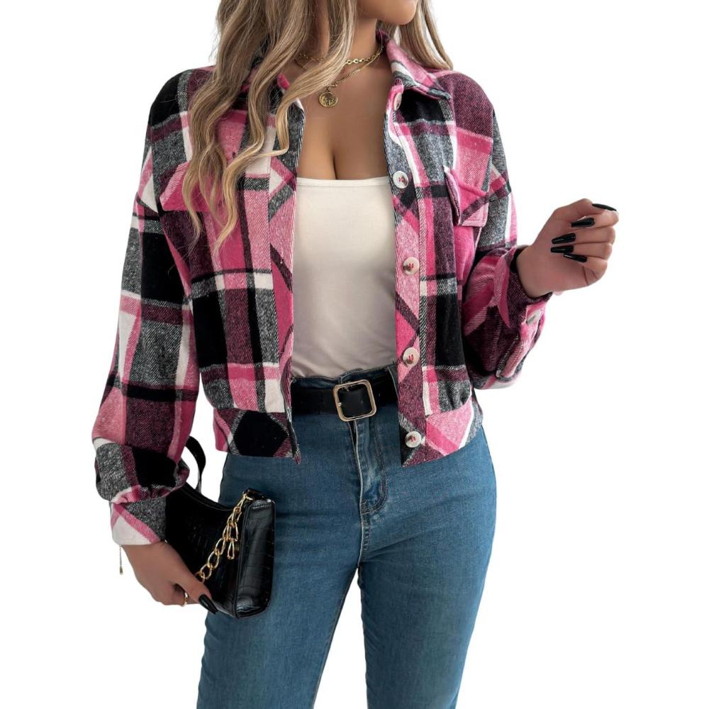 imagemeilun Checkered Faux Pocket LongSleeve Wool Blend Jacket Short Coat for FallWinterRose