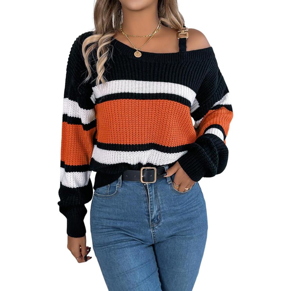 imagemeilun ContrastStriped Sweater with Bell Sleeves Metal Buttons and OffShoulder DesignOrange
