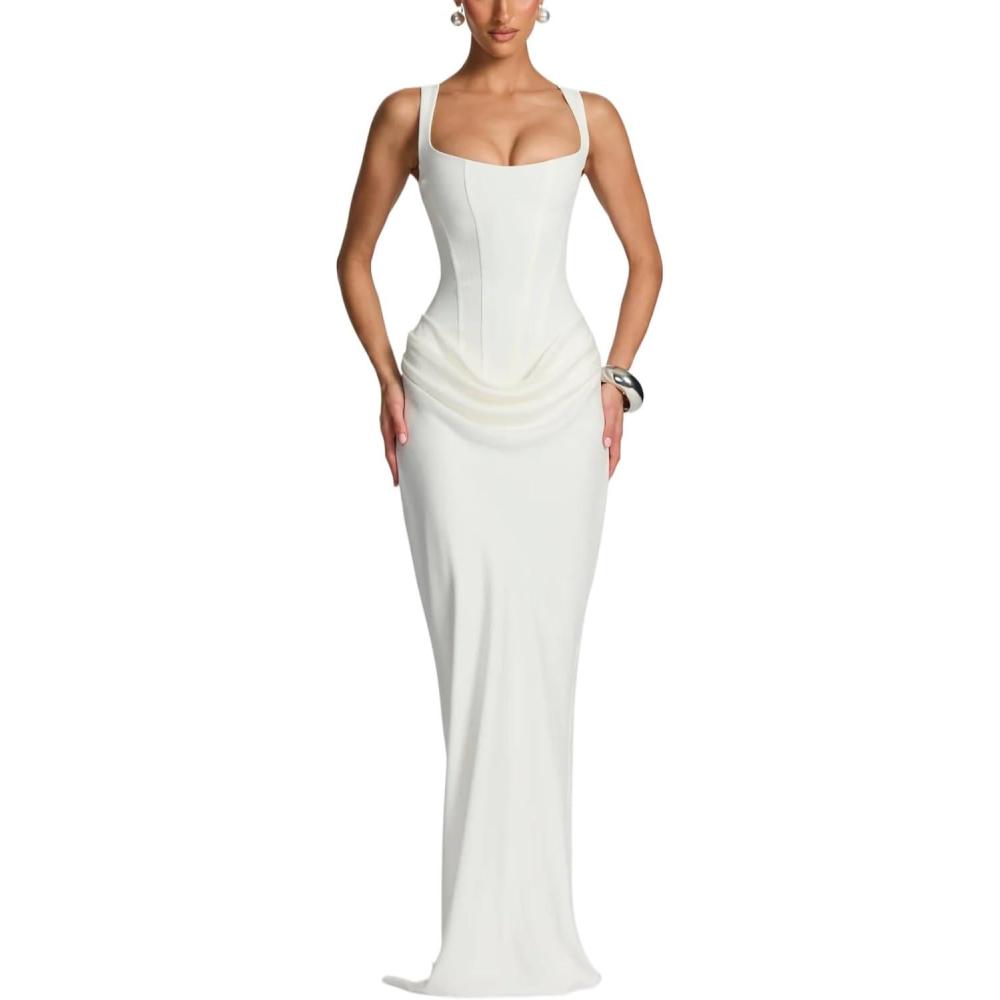 imagemeilun CorsetStyle Backless Sleeveless Strapless SolidColour TieDetail DressWhite