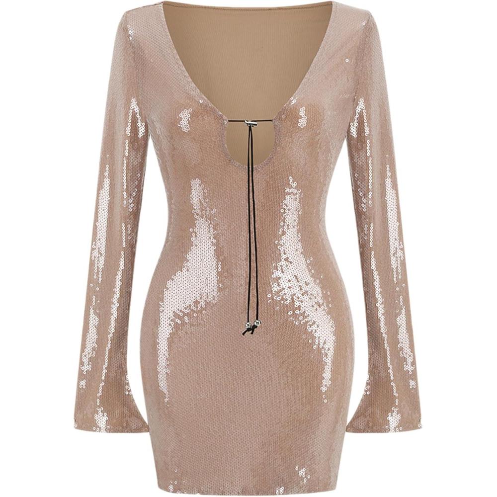 imagemeilun Deep V Dress Sequin Dresses with Drawstring Long Sleeve Evening Dress for Women Short GownAasshown