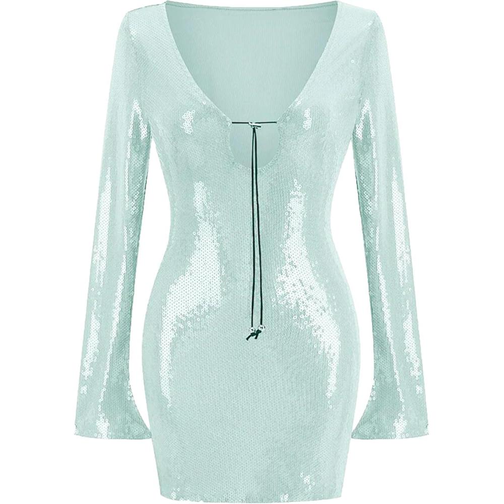 imagemeilun Deep V Dress Sequin Dresses with Drawstring Long Sleeve Evening Dress for Women Short GownAgreen