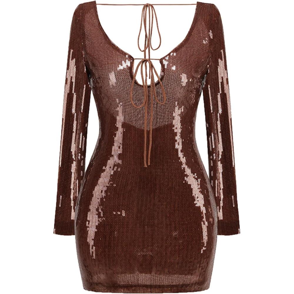 imagemeilun Deep V Dress Sequin Dresses with Drawstring Long Sleeve Evening Dress for Women Short GownBbrown
