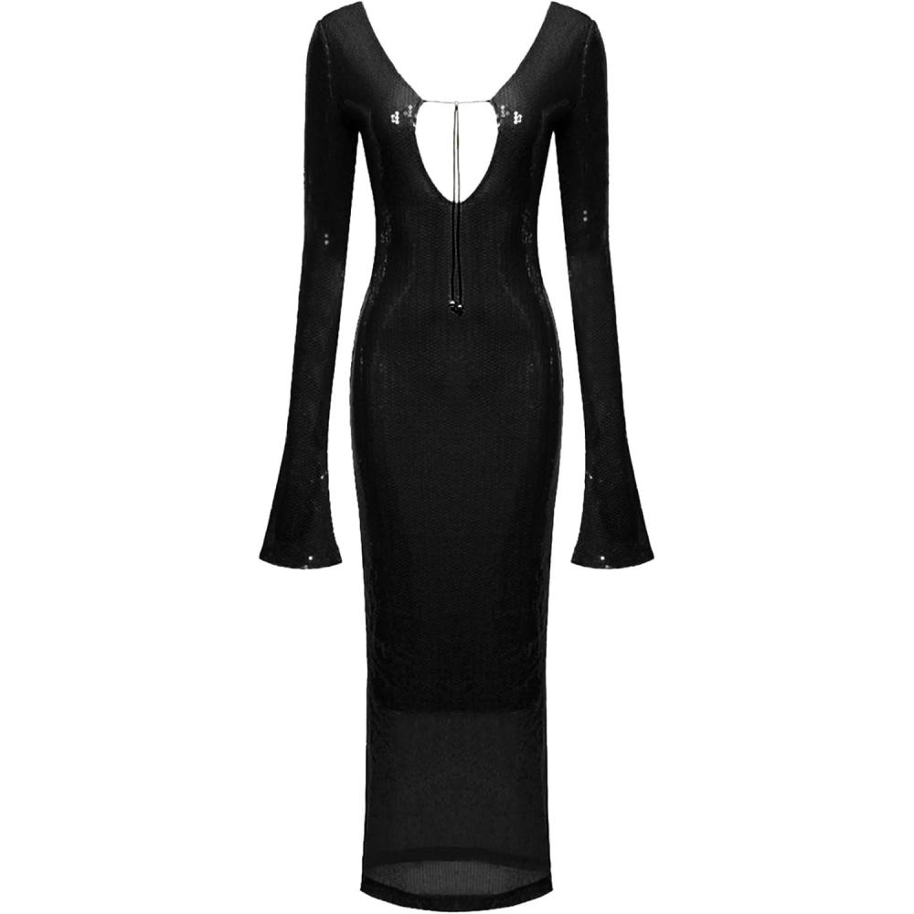 imagemeilun Deep V Dress with Drawstring Long Sleeve Sequin Dress for Women Long GownBlack