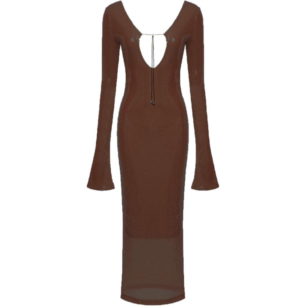 imagemeilun Deep V Dress with Drawstring Long Sleeve Sequin Dress for Women Long GownBrown