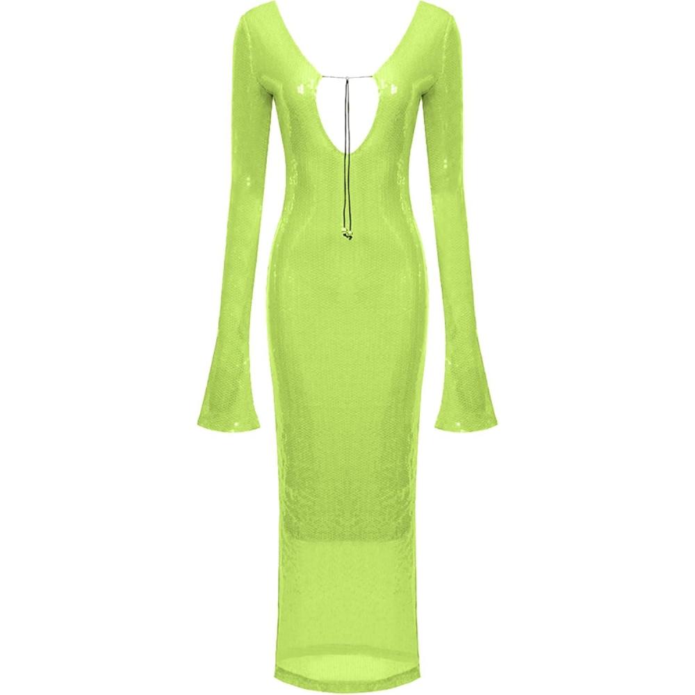 imagemeilun Deep V Dress with Drawstring Long Sleeve Sequin Dress for Women Long GownFlugreen