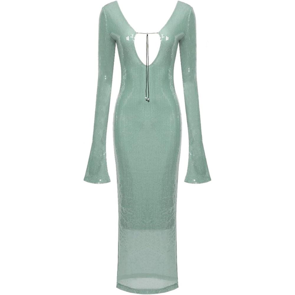 imagemeilun Deep V Dress with Drawstring Long Sleeve Sequin Dress for Women Long GownGreen
