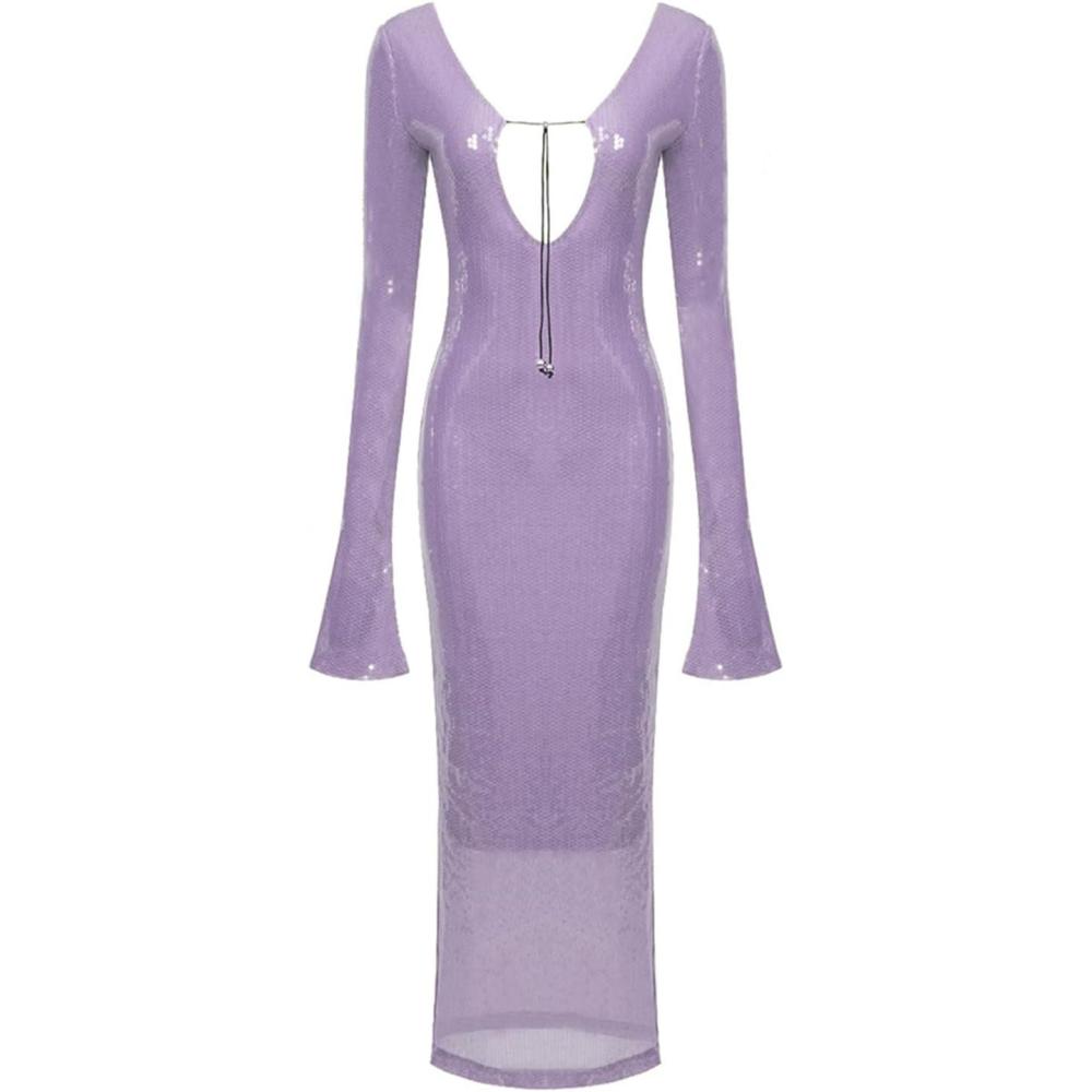 imagemeilun Deep V Dress with Drawstring Long Sleeve Sequin Dress for Women Long GownPurple