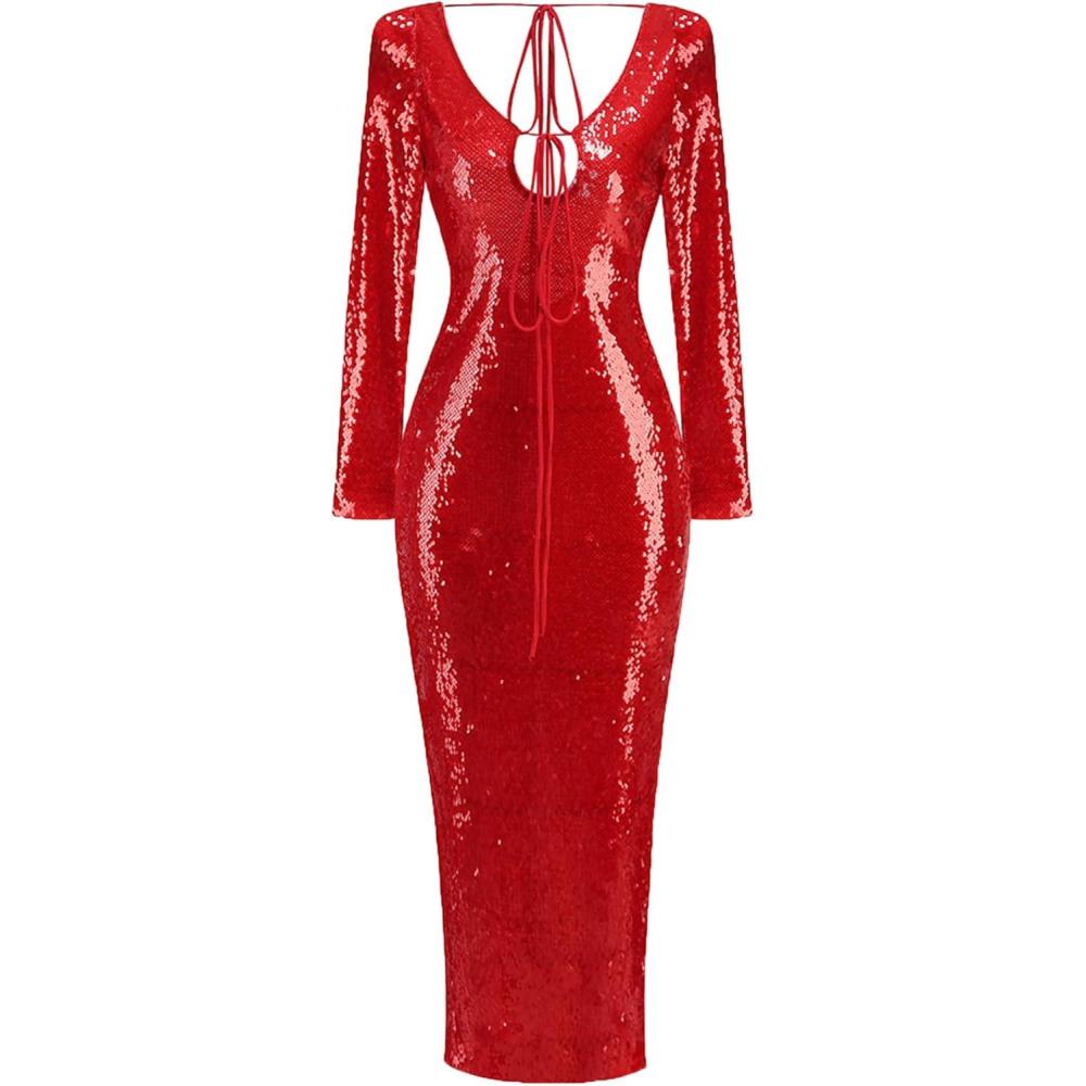 imagemeilun Deep V Dress with Drawstring Long Sleeve Sequin Dress for Women Long GownRed