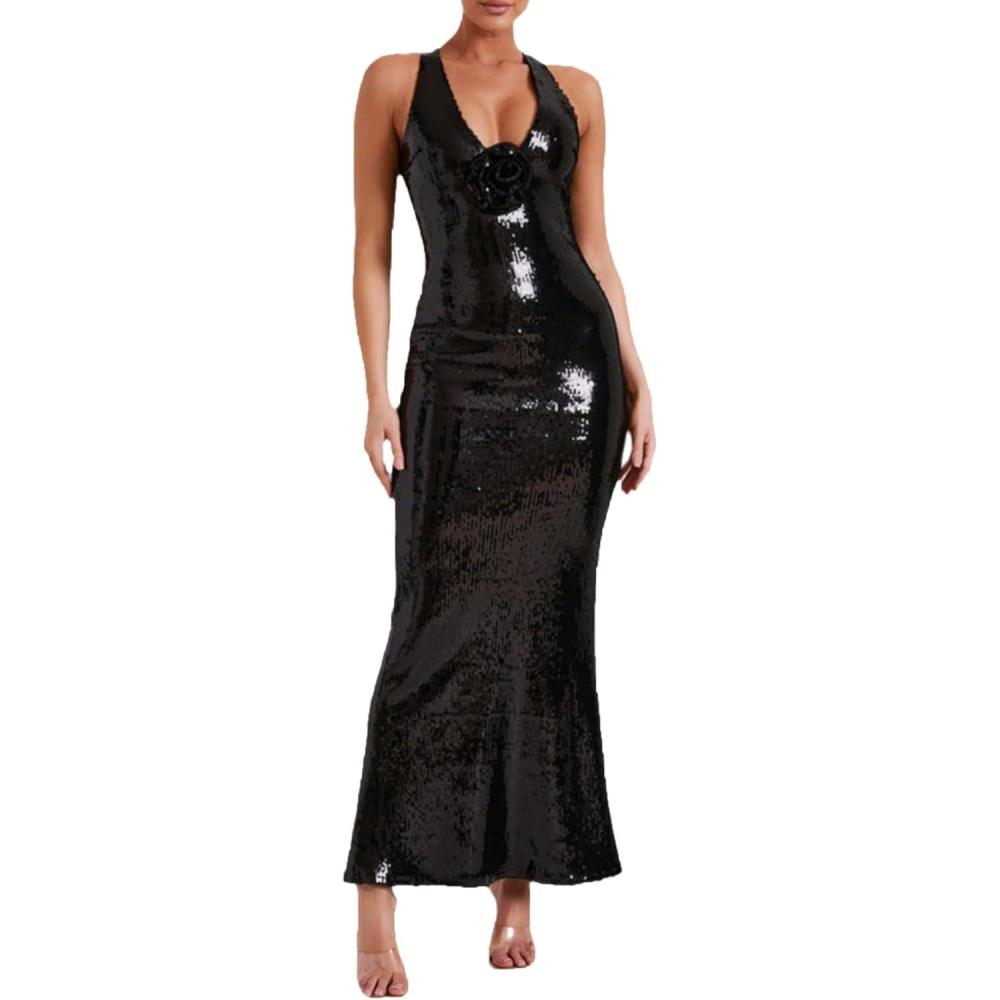 imagemeilun Deep V Formal Dress with Flower Sleeveless Sequin Dress for Women Long Evening GownAblack