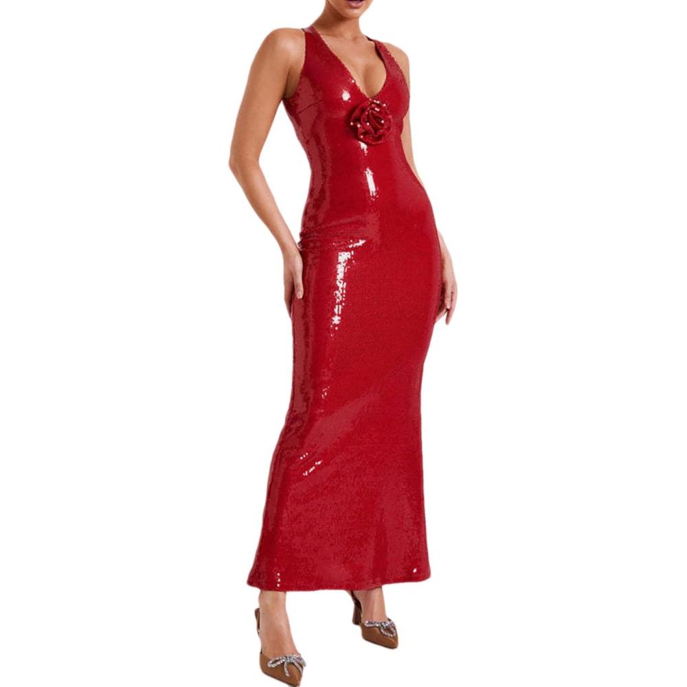 imagemeilun Deep V Formal Dress with Flower Sleeveless Sequin Dress for Women Long Evening GownAred