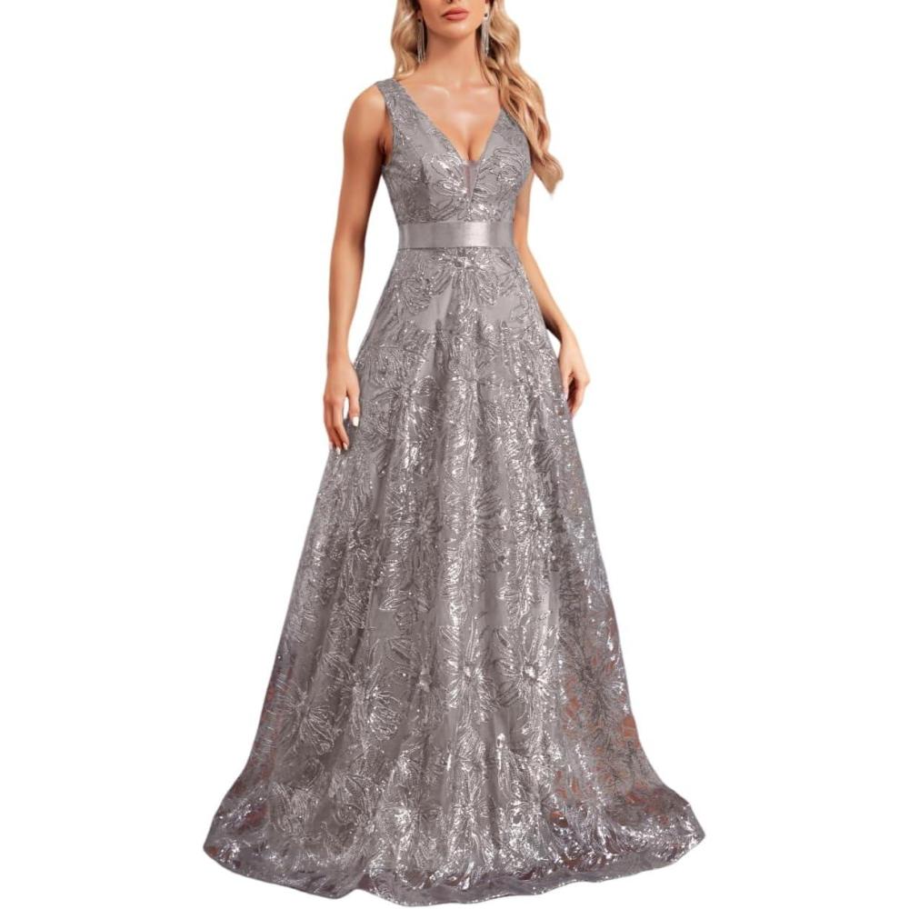 imagemeilun Deep V Sequins Maxi Dress Sexy Long Backless Slim Fishtail Bridesmaid Banquet Evening GownsGray