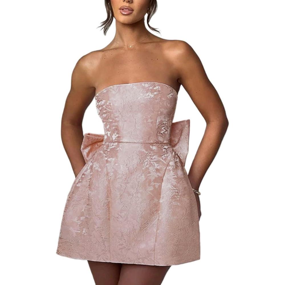 imagemeilun Embroidered Dress Temperament Sexy Sheath Bow Mini Dress Graduation Evening Party DinnerBflesh Pink