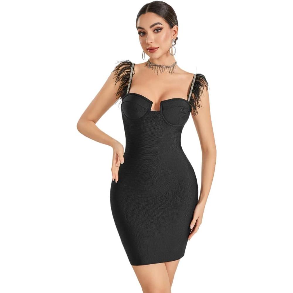 imagemeilun Feather Bandage Dress Masonry Mini Formal Party Graduation DressesBlack