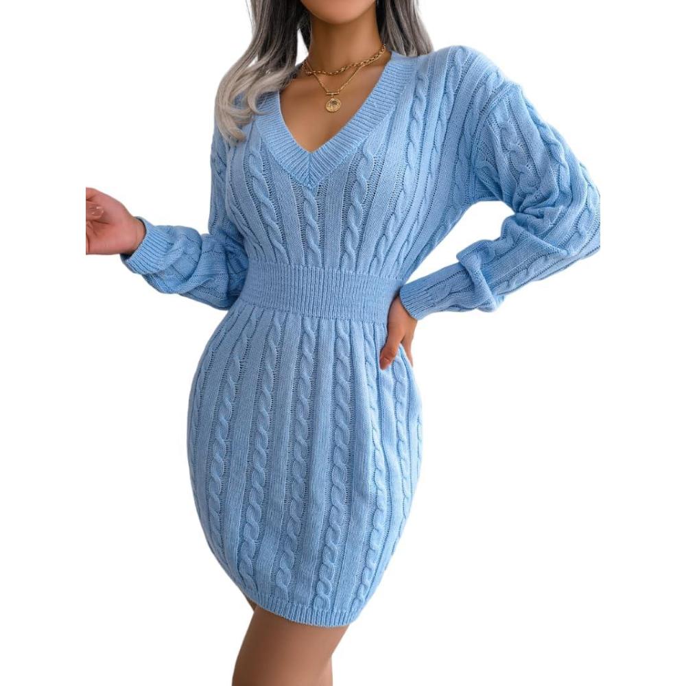 imagemeilun Fitted TwistDetail Pencil Skirt Dress VNeck Fitted Casual Dress FallWinterBlue