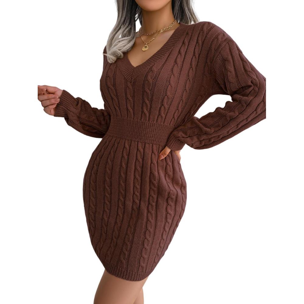 imagemeilun Fitted TwistDetail Pencil Skirt Dress VNeck Fitted Casual Dress FallWinterCoffee