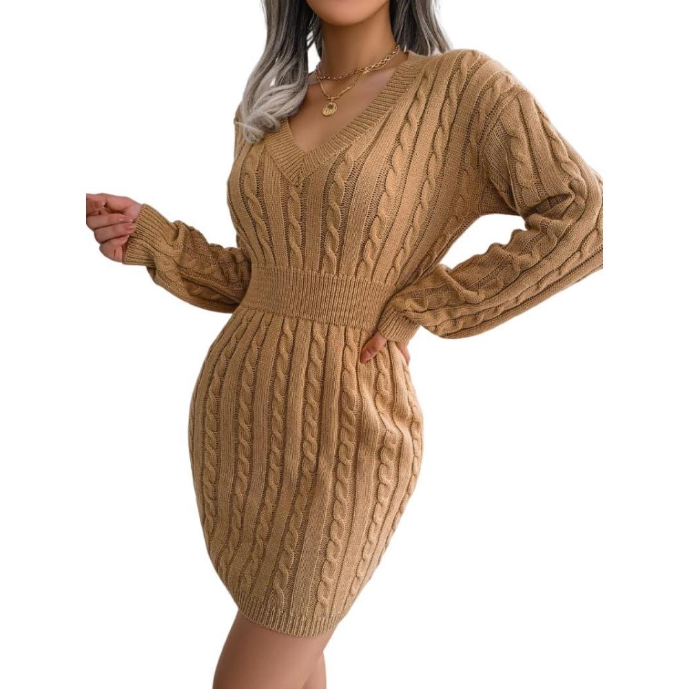 imagemeilun Fitted TwistDetail Pencil Skirt Dress VNeck Fitted Casual Dress FallWinterKhaki