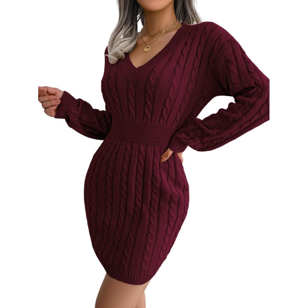 imagemeilun Fitted TwistDetail Pencil Skirt Dress VNeck Fitted Casual Dress FallWinterWine