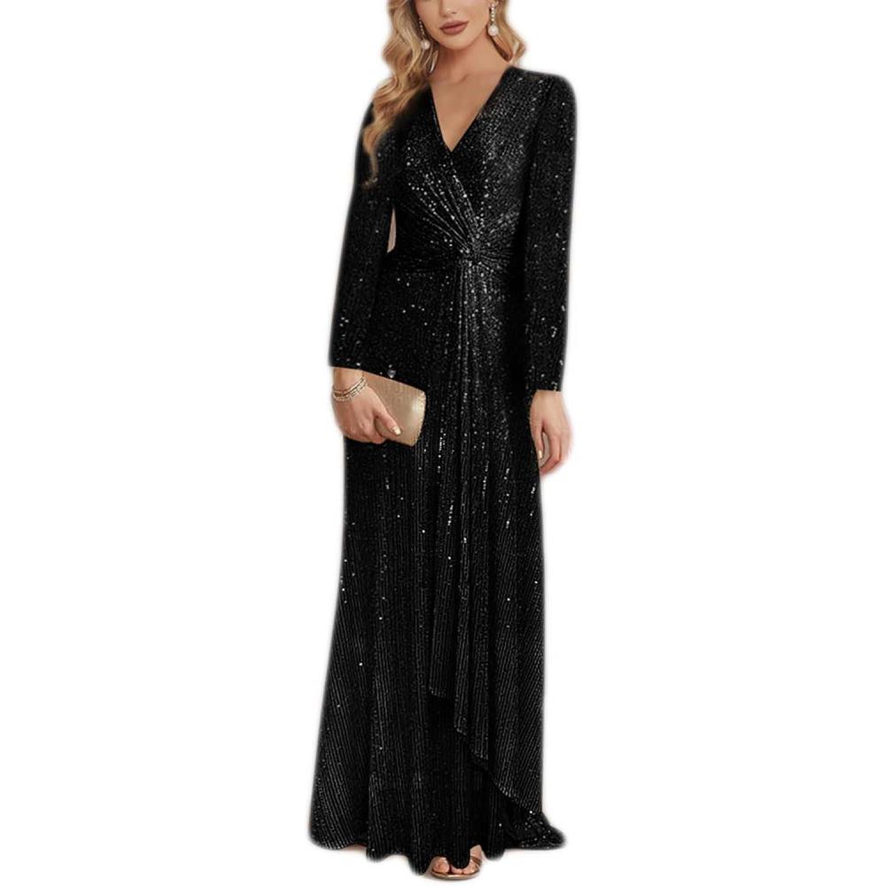imagemeilun Long Sleeve Sequin Dress for Women Formal Gowns Sparkly V Neck Maxi DressBblack