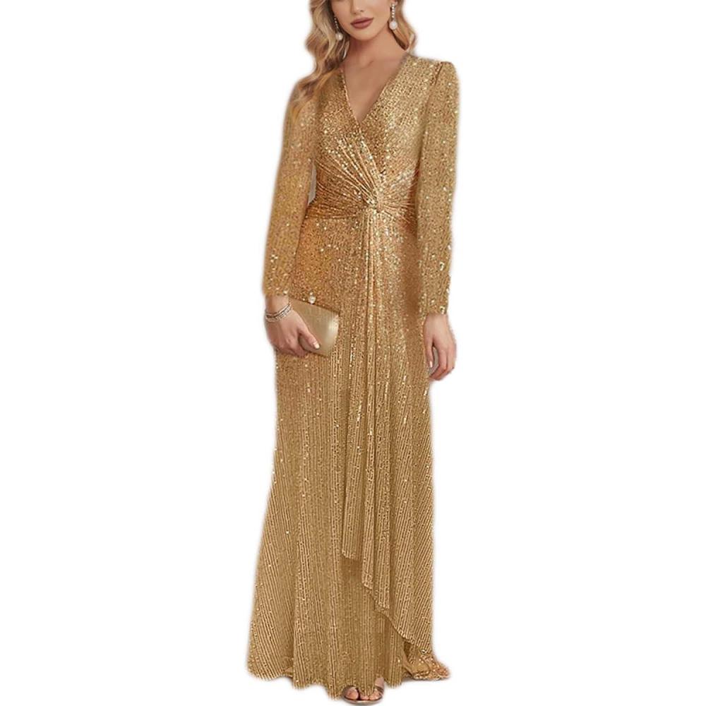 imagemeilun Long Sleeve Sequin Dress for Women Formal Gowns Sparkly V Neck Maxi DressBgold