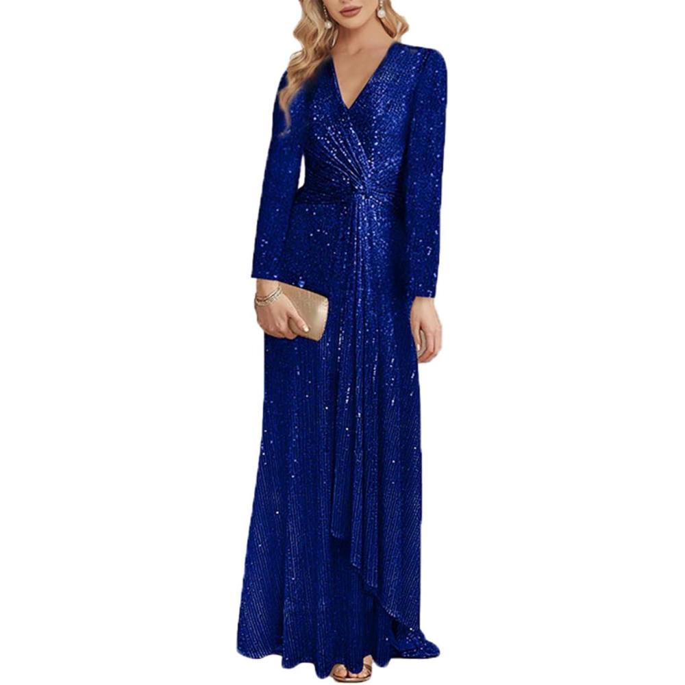 imagemeilun Long Sleeve Sequin Dress for Women Formal Gowns Sparkly V Neck Maxi DressBroyalblue