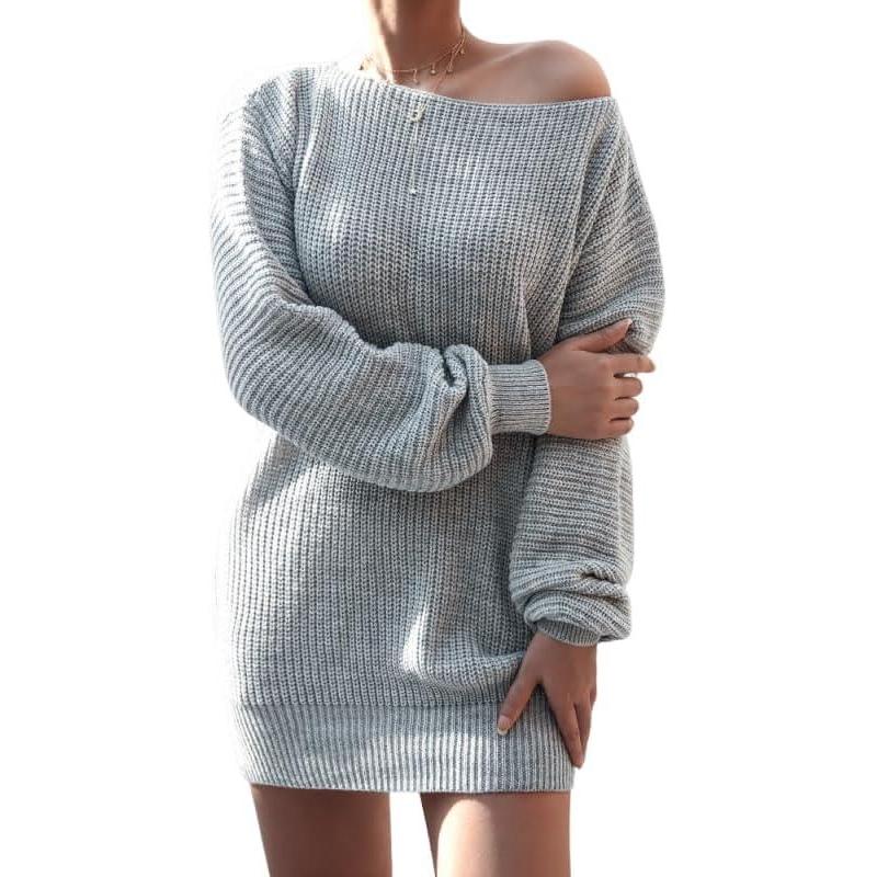 imagemeilun LongSleeve OffTheShoulder Knit Dress Casual LooseFit Knit DressesGrey