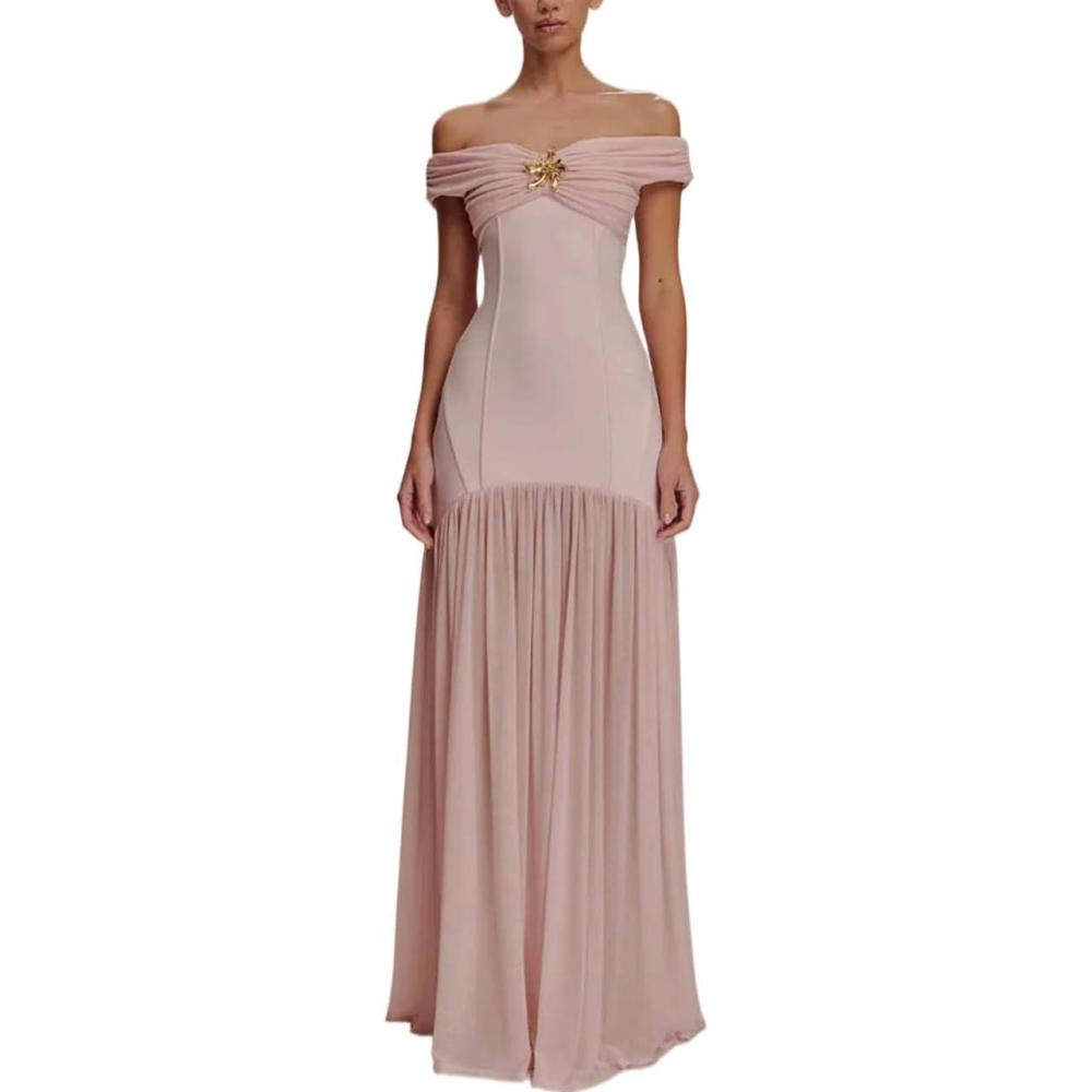 imagemeilun Mesh Maxi Dress One Shoulder Summer Flutter Slim Vacation Bridesmaid DressesPink