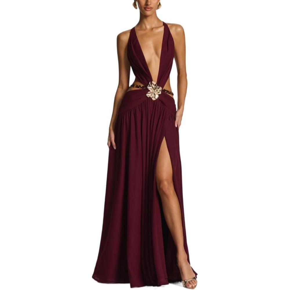 imagemeilun Mesh Maxi Dress VNeck Backless Seaside Vacation Style Long DressesWine
