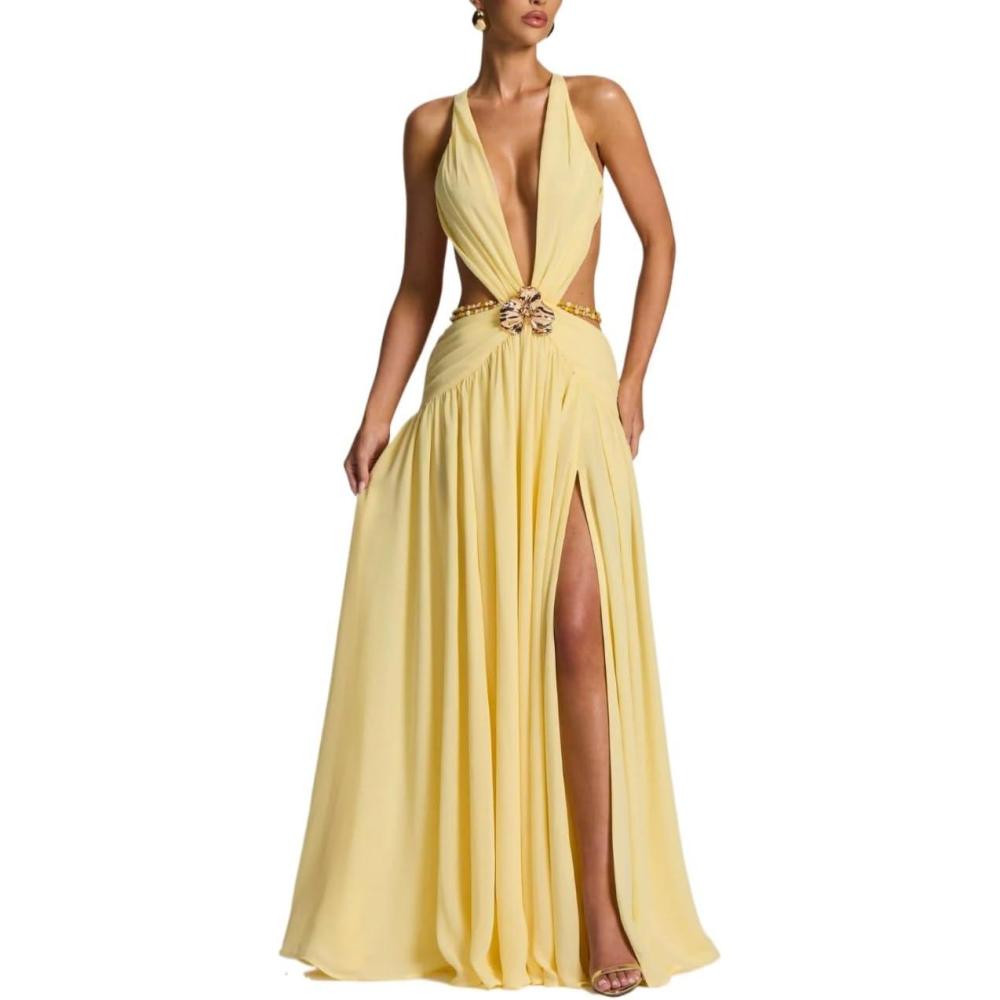 imagemeilun Mesh Maxi Dress VNeck Backless Seaside Vacation Style Long DressesYellow