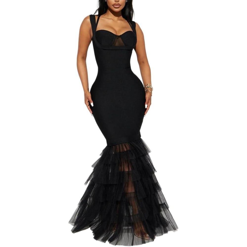 imagemeilun MeshPanelled Strapless Maxi Dress Sheer CutOut Evening GownBlack