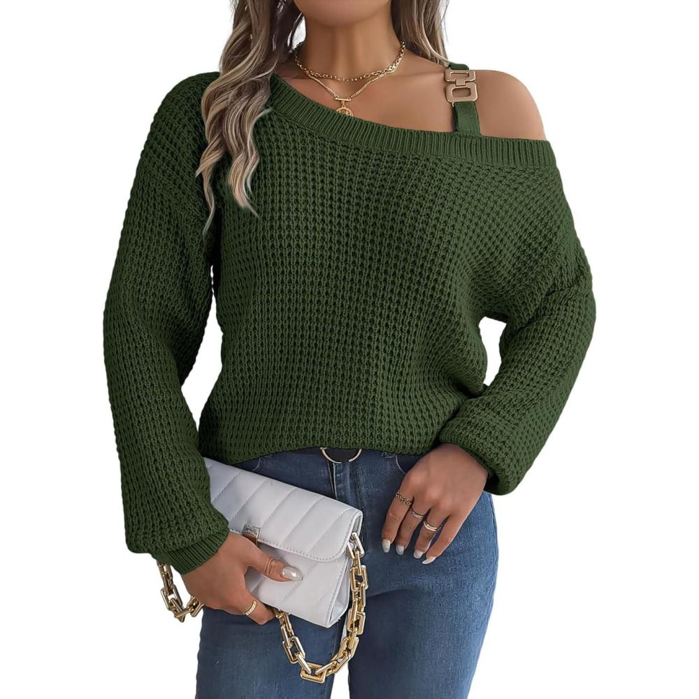 imagemeilun Off Shoulder Bell Sleeve Pullover Sweater with Metal Buckles DailyGreen