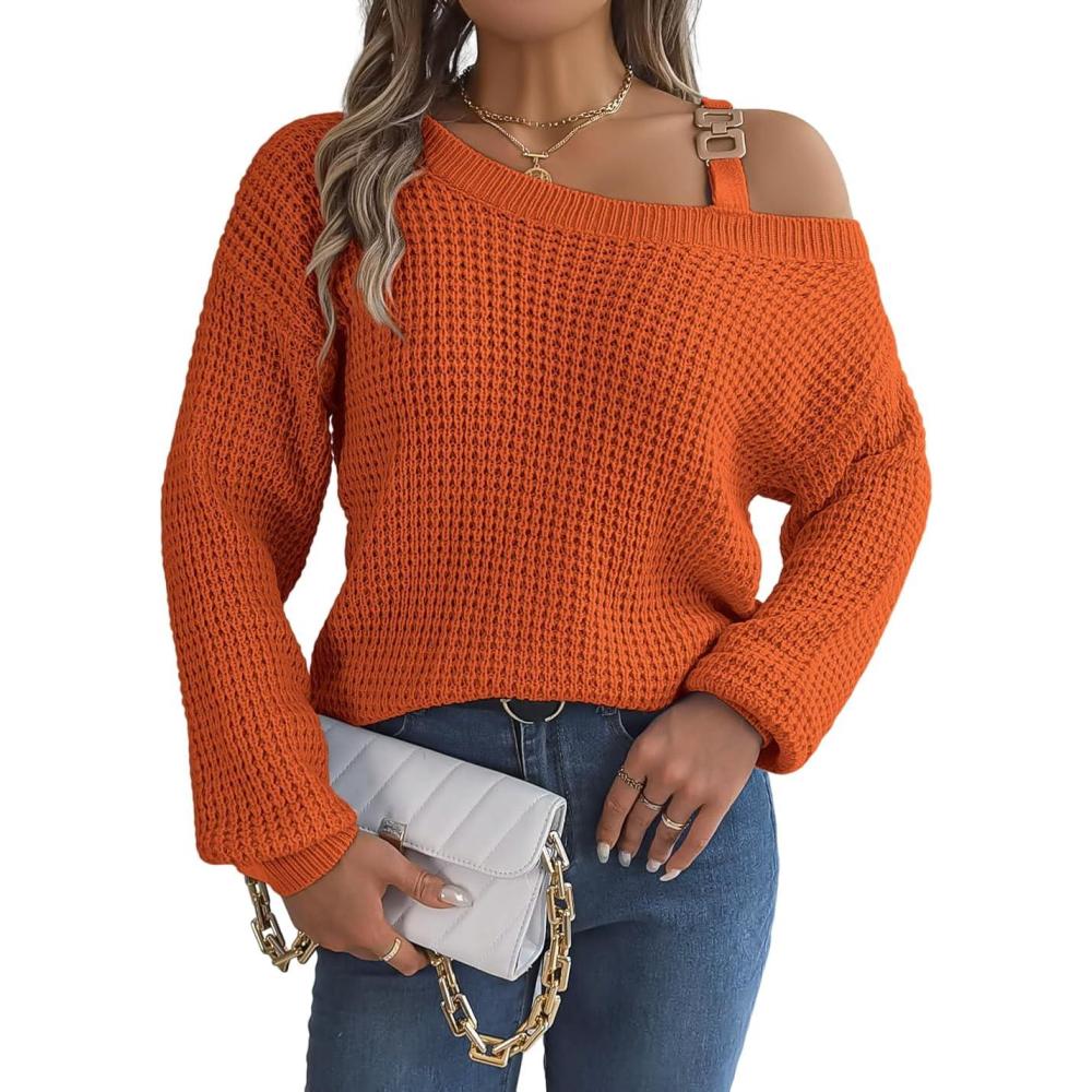 imagemeilun Off Shoulder Bell Sleeve Pullover Sweater with Metal Buckles DailyOrange