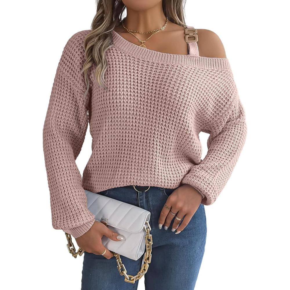 imagemeilun Off Shoulder Bell Sleeve Pullover Sweater with Metal Buckles DailyPink