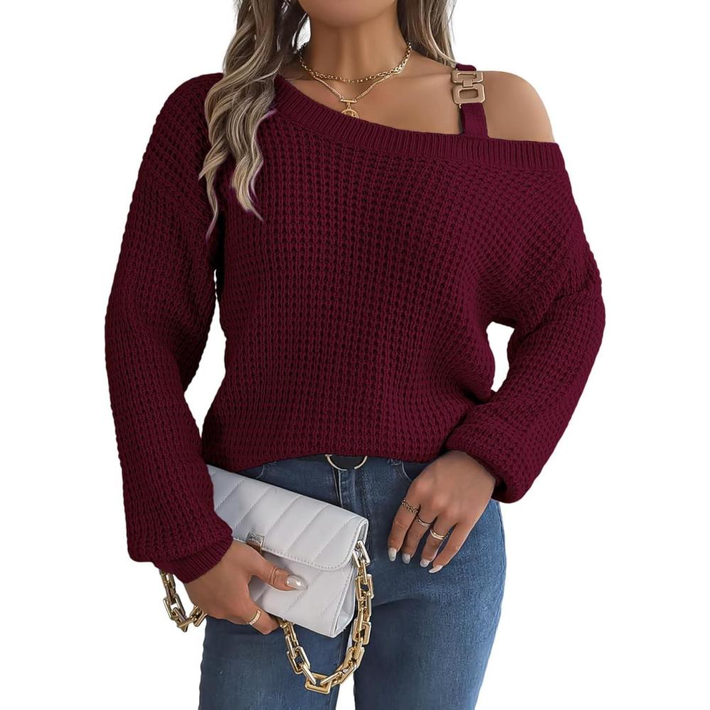 imagemeilun Off Shoulder Bell Sleeve Pullover Sweater with Metal Buckles DailyRed