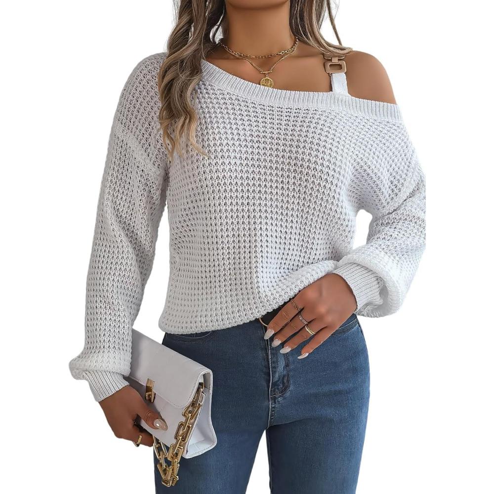 imagemeilun Off Shoulder Bell Sleeve Pullover Sweater with Metal Buckles DailyWhite