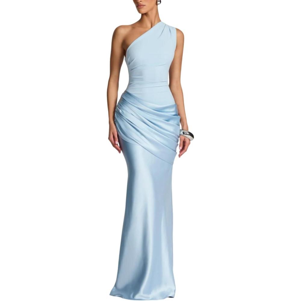 imagemeilun OffShoulder Strappy Maxi Dress Fitted SolidColour Bodycon DressBlue